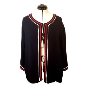 Talbots Blue Open Front Cardigan Sweater Red White Stripe Trim | SZ 3X | NWT